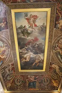 Neoclassical ceiling of the Salle Duchâtel in the Louvre Palace, with The Triumph of French Painting. Apotheosis of Poussin, Le Sueur and Le Brun in the centre, by Charles Meynier, 1822, and ceilings panels with medallion portraits of French painters, 1828-1833[8]