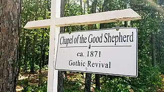 Road sign which reads "Chapel of the Good Shepherd cir. 1871"
