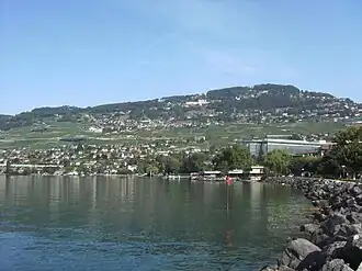 Mont Pèlerin in Chardonne municipality, seen from Vevey with Corseaux in the middle ground. Chardonne is also on Lake Geneva, to the west of Corseaux.