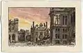 A view of the downtown in ruins on 20 August 1917 showing the destroyed Hôtel de Ville and Palais de Justice, among other core buildings; as shown on a war-charity art postcard painted by A. B. Denvil.