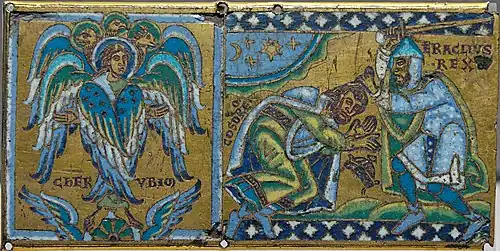 Medieval style portrait of Cherub and Heraclius receiving the submission of Khosrow II; plaque from a cross (Champlevé enamel over gilt copper).