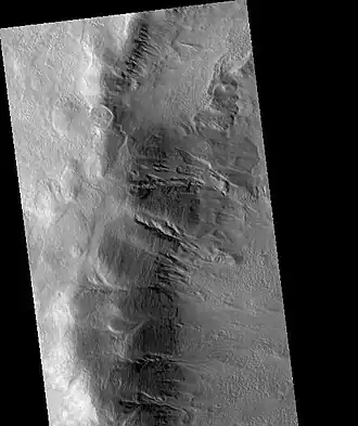 Chincoteague Crater, as seen by HiRISE Gullies are visible on the wall. Gullies are being formed today with dry ice. In the past water may have been involved.