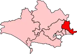 Map showing the location of the Christchurch constituency in Dorset under the boundaries created by the 2023 boundary review and first used at the 2024 general election.