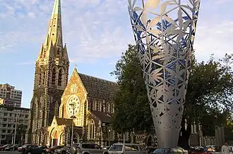 Cathedral Square (2005) – the heart of the central city. The Cathedral suffered heavy damage in the 2011 earthquake, with its tower and part of the main building collapsing. It was announced in September 2017 that the building would be reinstated.