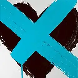 A black heart with a blue "X" painted on top