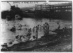 Children swimming nude in the East River, New York City (1908)