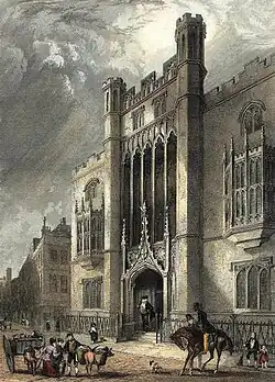 City of London School, Milk Street. Hand-coloured engraving by J. Woods and Hablot Knight Browne after a sketch by Robert Garland. Published 1838.