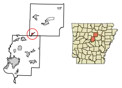 Location of Quitman in Cleburne County and Faulkner County, Arkansas.