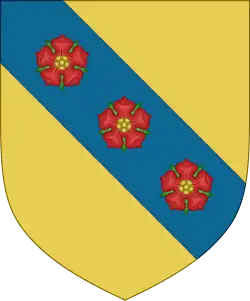 Riedenburg: Or [or Argent], on a bend azure three roses gules[24]