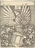 Coat of arms, which features a door as a pun on his name, and the winged bust of a Moor (1523), 35.1&nbsp;×&nbsp;26.1&nbsp;cm (MET)