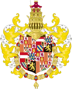 Coat of arms of Philip I of Castile (1506) with the symbol representing the Leonese kingdom, along with a castle, imperially crowned in the top (chivalric design proper of Golden Fleece Roll), Medieval Spain