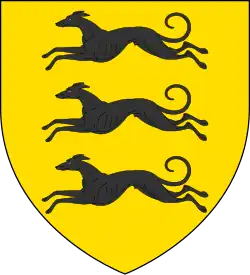 A coat of arms showing three black dogs on a field of yellow.