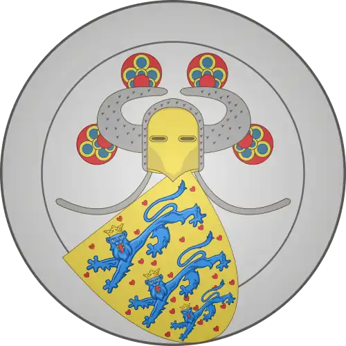 Coat of arms of medieval Danish King Valdemar the Conqueror depicting horns on his metal helmet.