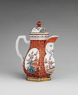Austrian coffeepot; circa 1720; hard-paste porcelain; 17.8 × 15.9&nbsp;cm; Metropolitan Museum of Art (New York City)