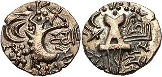 Coin of Durlabhavardhana, founder of the dynasty. Obverse legend: Śri Durlabha. Reverse legend: Jayati Kidāra.[15]