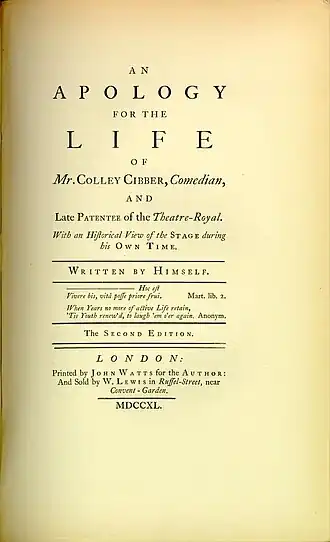 A book's title page inscribed "An Apology for the Life of Mr. Colley Cibber, Comedian"