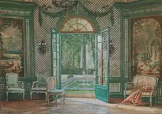 Interior of Elsie De Wolfe's music pavilion looking out on to the pool, The Villa Trianon, 1920-29