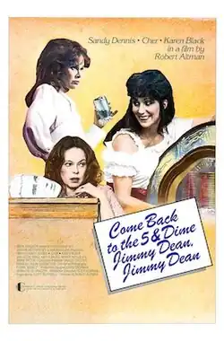 Three women are seen in different poses against an orange background. The one on the right smiles as she rests her hand on a jukebox; to her left, the lower one stoops before a table, next to a mask; and the one standing up is holding a glass, with a blunt look on her face. The film's title is displayed in a cursive script inside a tilted pink square.
