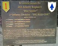 Commemorative plaque at a house in Merode remembering the soldiers of the 1st Infantry Division lost in action at the Merode area 1944