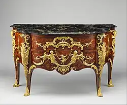 Rococo commode; by Charles Cressent; c.1745–1749; pine and oak veneered with amaranth and bois satiné, walnut, oak, pine; gilt-bronze, portoro marble top; 87.6 x 139.7 x 57.8&nbsp;cm; Metropolitan Museum of Art