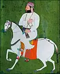 Equestrian painting of Guru Hargobind on horseback, held by the lineage of Bidhi Chand located at Sursingh, circa mid-17th century