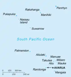 Map of the Cook Islands with water in blue and land as blue circles. Shows two major island groups with one to the north and one to the south