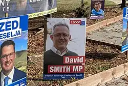 Corflutes for David Smith and other election candidates at a polling station in Wanniassa – May 2022
