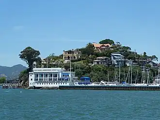 A hill with houses viewed from nearby water