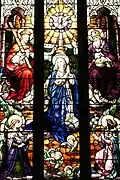 Stained glass window at St. Michael's Cathedral (Toronto) depicts Coronation of the Virgin.