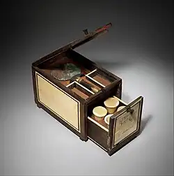 Cosmetic Box of the Royal Butler Kemeni; 1814–1805&nbsp;BC; cedar with ebony, ivory veneer and silver mounting; height: 20.3&nbsp;cm (8.0&nbsp;in); Metropolitan Museum of Art (New York City)