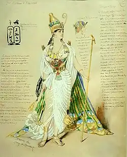Design for a costume of Princess Amnéris; by Henri de Montaut; 1879; pencil and watercolor paint; unknown dimensions; in a temporary exhibition called &quot;L'aventure Champollion&quot; at the Site François-Mitterrand, part of the Bibliothèque nationale de France, Paris