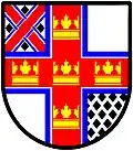 Argent, on a cross gules, cottised azure, five coronets erablé or; in the first quarter, a cross saltire gules, cottised interlaced azure, cantoned by four lozenges sable, the fourth quarter semy of lozenges sable. Another example