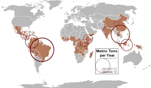 A world map of countries by coffee production, 2019