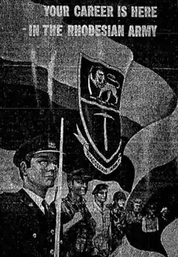 Black and white image of seven men in military uniforms below a large flag. The image includes a text reading "Your career is here – in the Rhodesian Army".