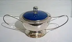 Shiny silver bowl with two elongated handles and a bright blue lid.