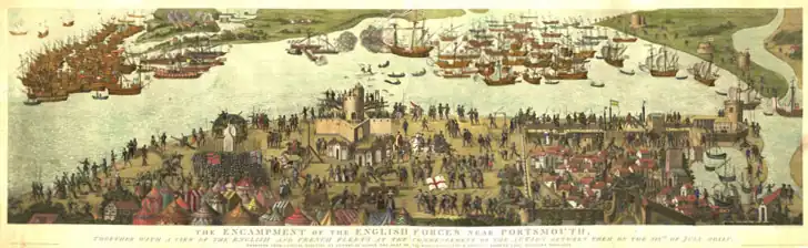 A naval battle close to land with opposing fleets on either side with tops of two masts protruding from the water, indicating the sunken Mary Rose