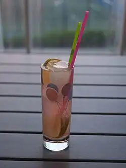 Gin and tonic made from Estonian Crafter's Gin. The botanicals in the gin have turned the drink pink in colour