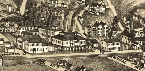 drawing of old factory with smokestacks