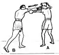 Boxer A's left jab is countered with Boxer B throwing a right straight punch to the head.