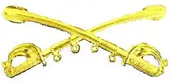 A computer-generated reproduction of the insignia of the Union Army cavalry branch. The insignia is displayed in gold and consists of two sheathed swords crossing over each other at a 45-degree angle pointing upwards