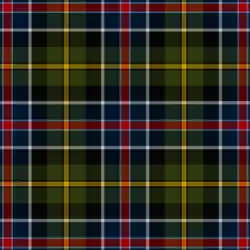 An olive-dominated tartan with a fair amount of navy blue and black, and over-checks of red (with sky-blue guard lines), yellow (guarded by black), and white
