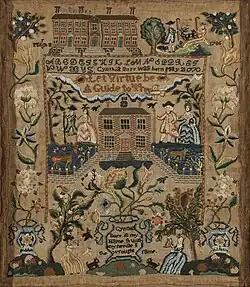 This 1786 sampler depicts the Old State House (center) and University Hall (upper right)