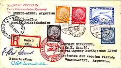 The reverse of a postcard. The consignee's address is in Buenos Aires, Argentina. It bears (on the right, above the address) 25 ℛ︁ℳ︁ worth of postage stamps and a special Deutsche Luftpost stamp for 2 ℛ︁ℳ︁. The stamps are cancelled by a postmark: "Berlin, 26.5.34", and a red cachet saying: "Deutsche Luftpost: Europa-Sudamerika" with a motif of a zeppelin and a Dornier Wal. On the left is the receiving postmark: "Buenos Aires, Argentina 31 May 1934"