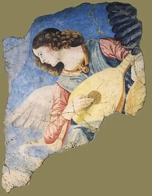 Painting with irregular edges showing a winged figure playing a musical instrument from a low angle.