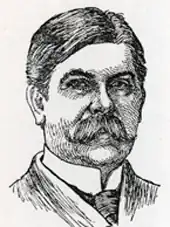 Black and white engraving, from the collar up, of a middle-aged man with a moustache and black hair