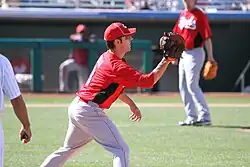Danny Dorn playing first base for the Cincinnati Reds during 2012 spring training