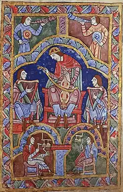 12th century A.D., England. David playing lyra (center), surrounded by (top) musicians with wooden trumpets and nakers, (center) musicians with harps, (bottom) musicians with cymbala (bell chimes), from the Saint Alban's Psalter.