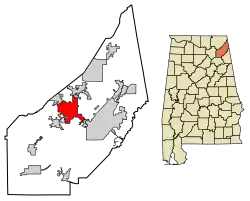 Location of Rainsville in DeKalb County, Alabama.