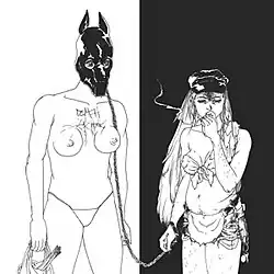 a black and white drawing of a scantily clad female sexual dominant smoking and holding a topless female submissive in a dog mask on a leash. The words "DEATH GRIPS" are crudely carved into the latter's chest just above her breasts.
