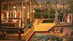 Death ceremony of Jean-Louis Bonnard. The lower right corner shows his body being cast in the water, where he was retrieved by Christians. In the upper right corner, Mgr Retord comes to the ceremony.